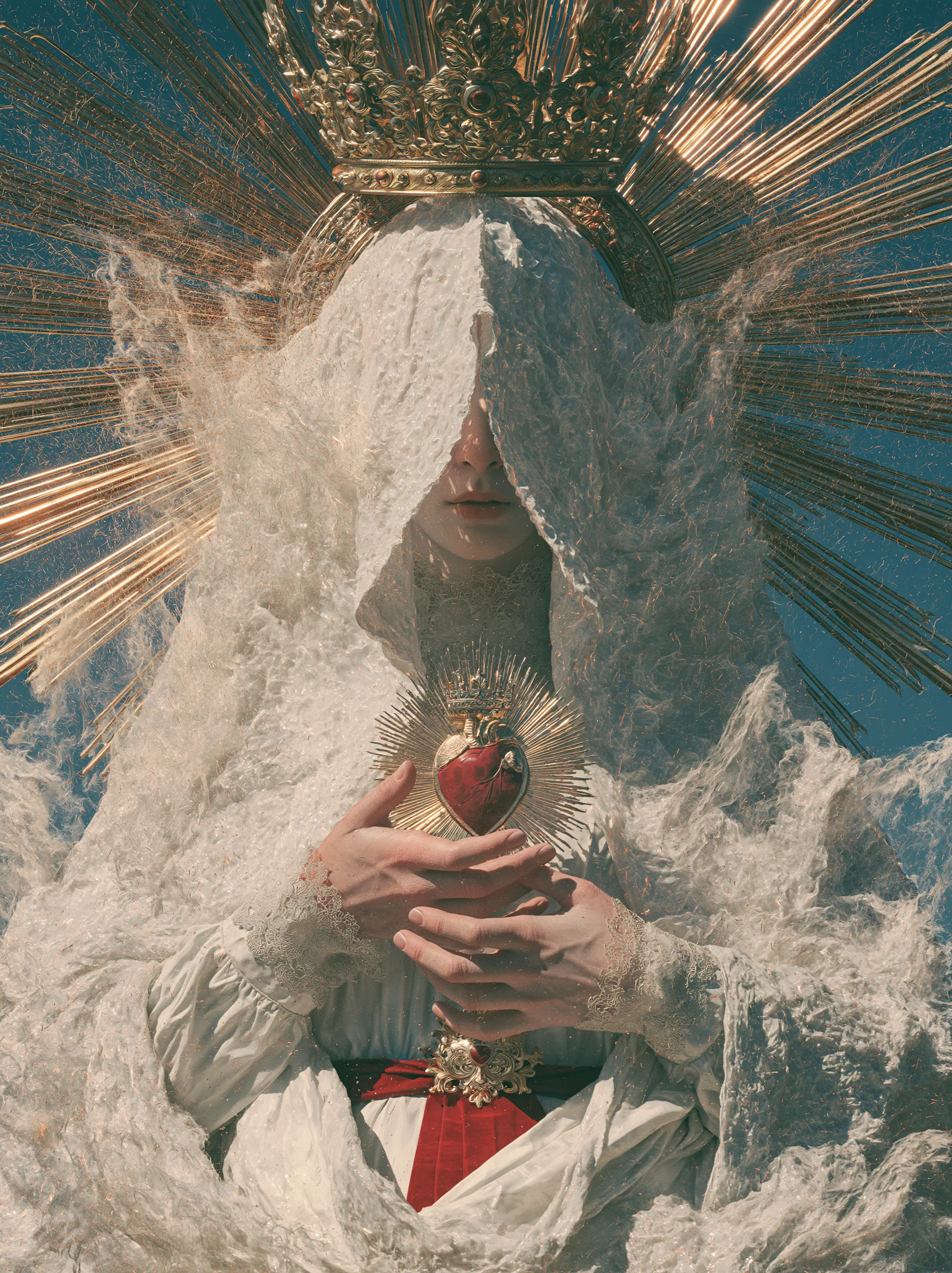 A veiled female figure beneath a radiant crown holding a sacred heart