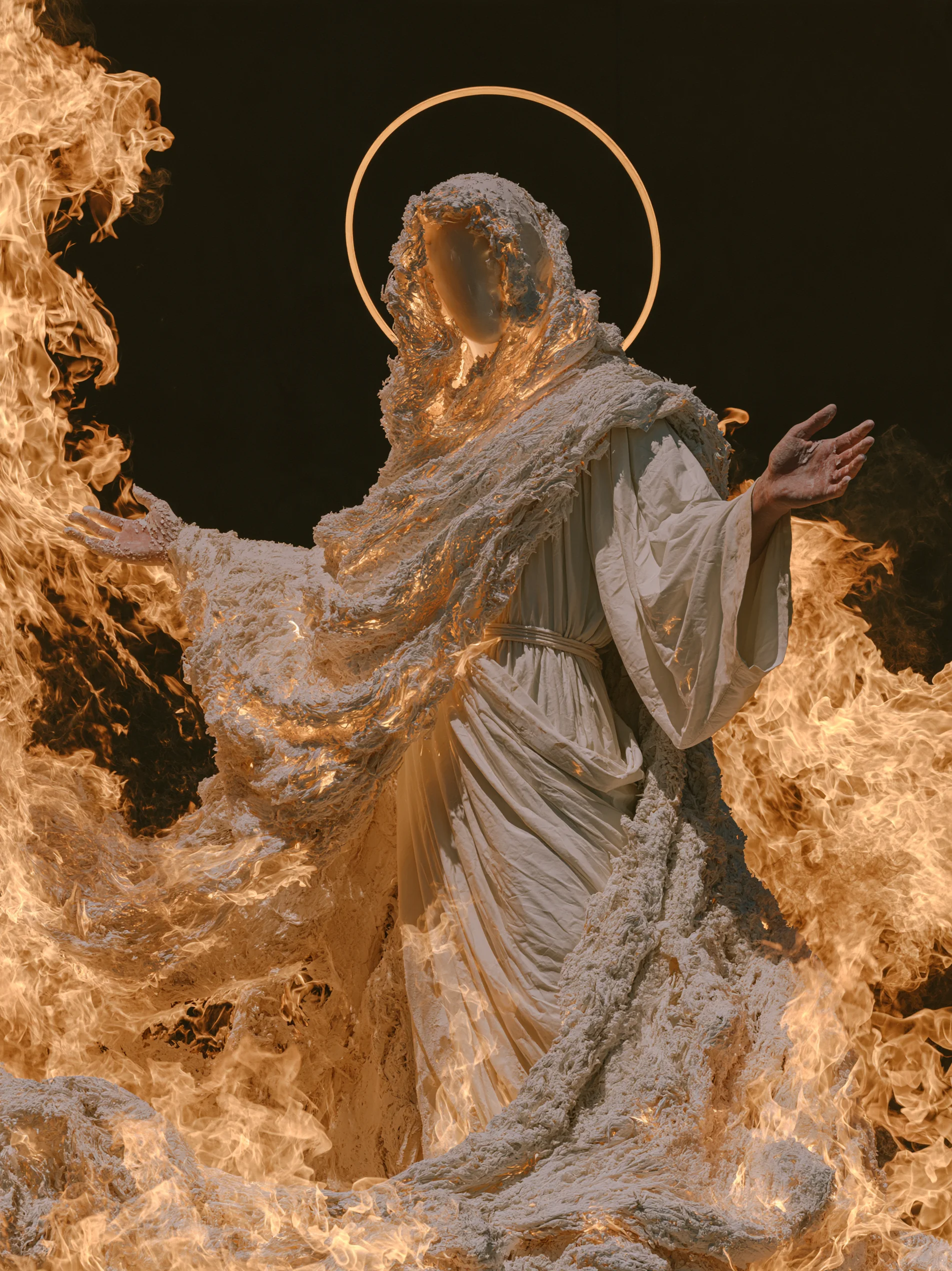 A white faceless figure with open arms amid flames