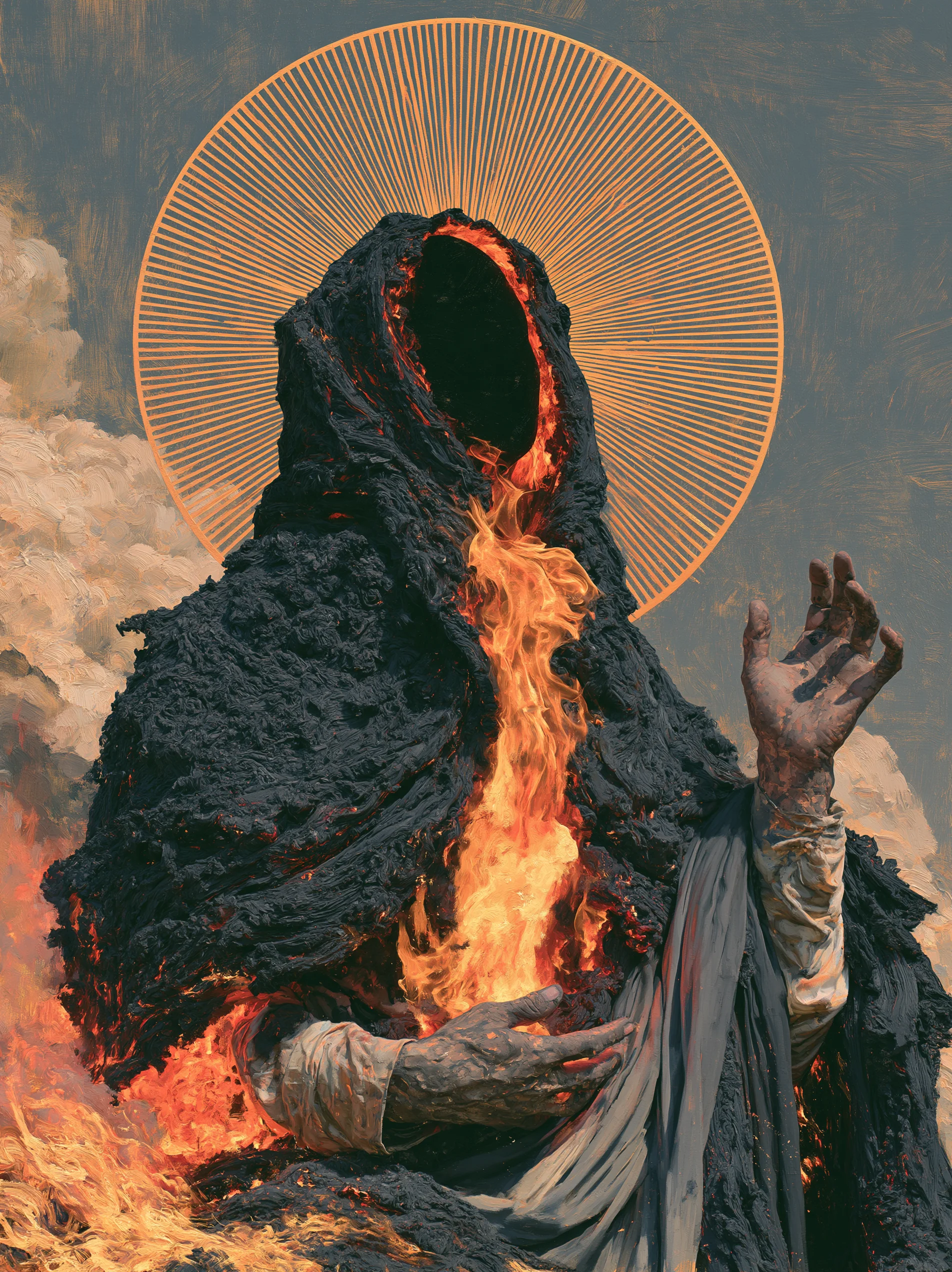 A charred veiled figure holding fire before an orange halo