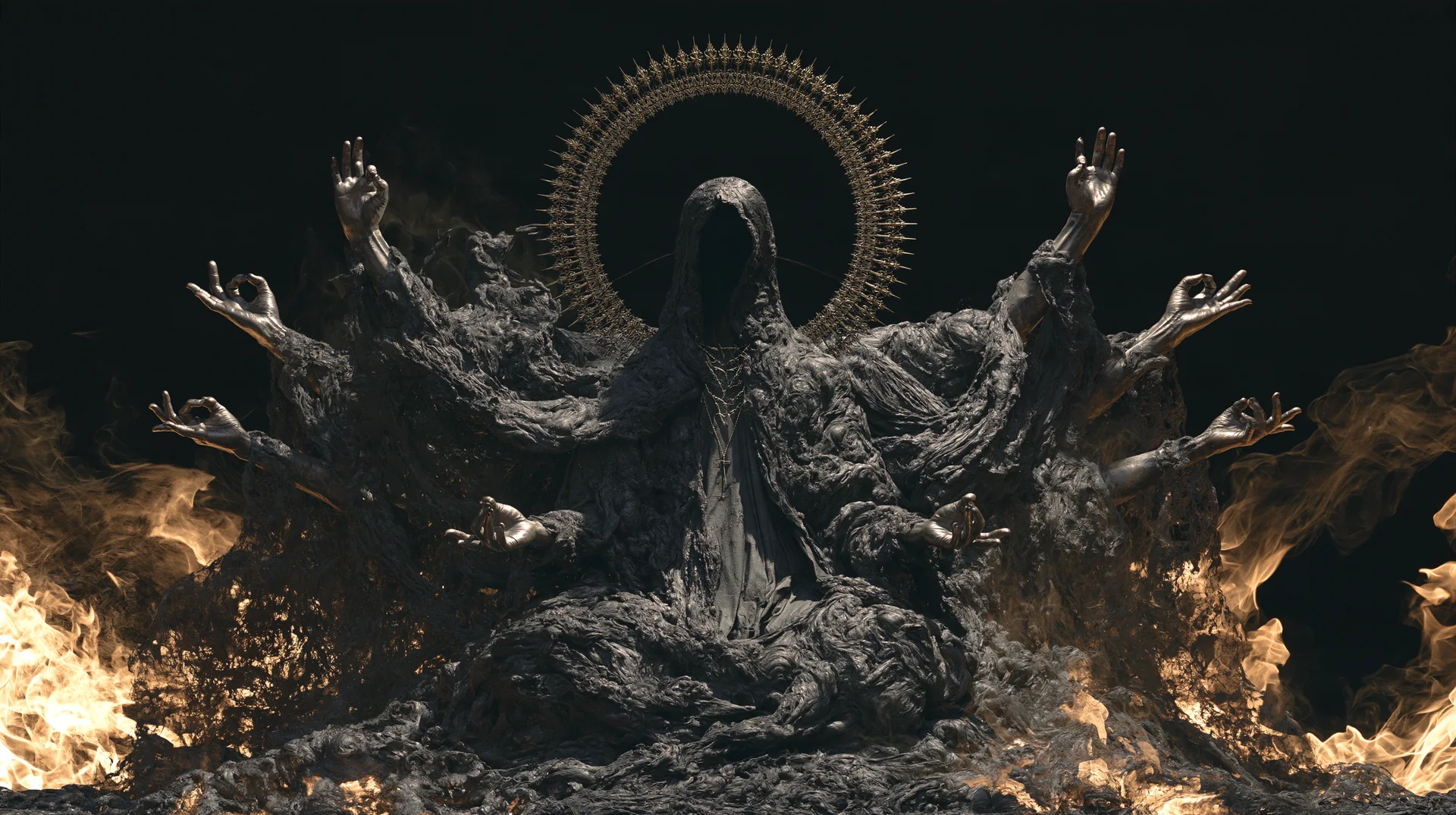 A dark, many-armed faceless sculpture surrounded by fire